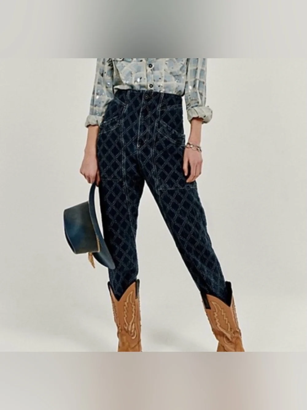 Free People We The Free Denim Quilted Diamond Print Utility Barrel Pants -Size S